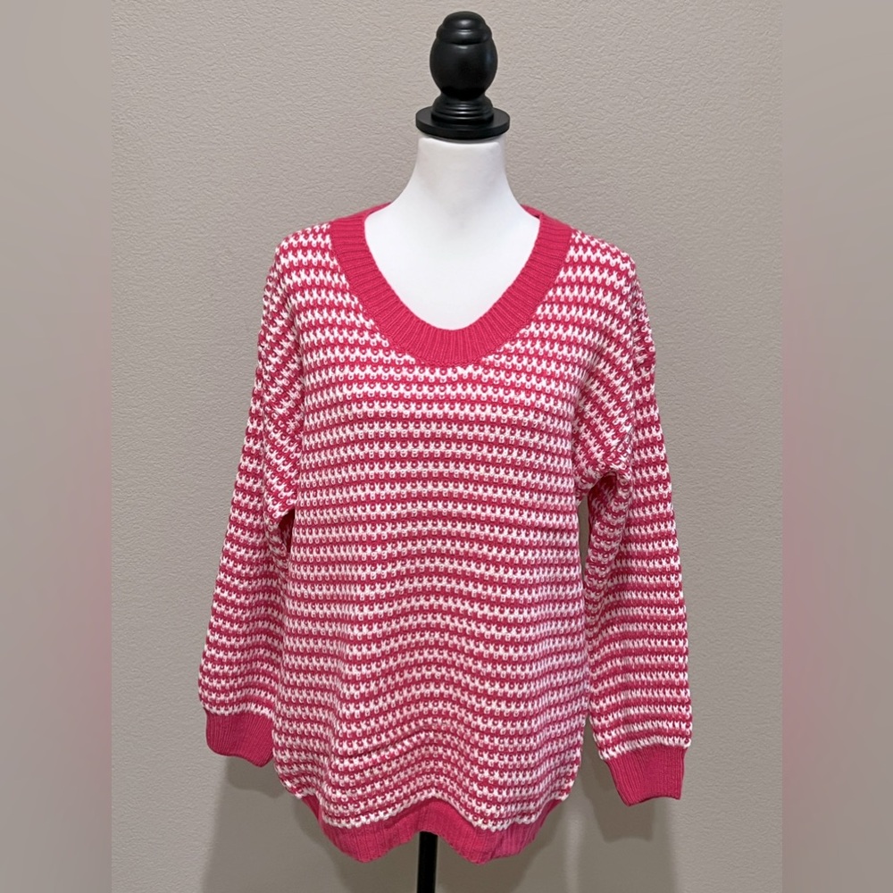 Pink & White Oversized V-Neck Sweater